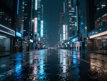Vibrant high-contrast video still of a futuristic cyberpunk city street at night, rain reflections, electric blue and silver neon lights.