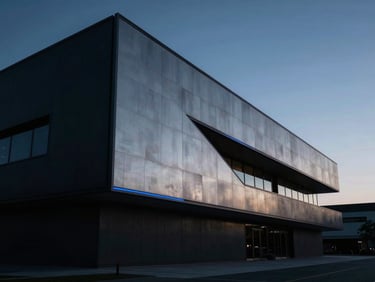 Cinematic video still of a modern architectural building at dusk, cool metallic tones, sharp blue lighting accents, anamorphic widescreen, dark cinematic photography style.