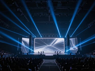 Dramatic low-key wide shot of a massive esports arena stage, volumetric electric blue lasers cutting through haze, giant screens.