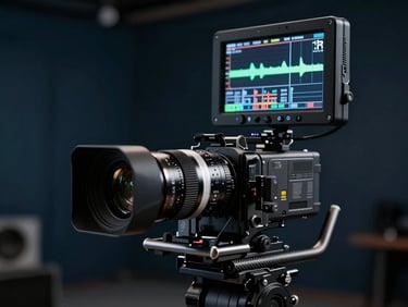 Close-up of a high-end cinema camera setup on a carbon fiber stabilizer, professional monitor displaying a calibrated waveform, dim studio background