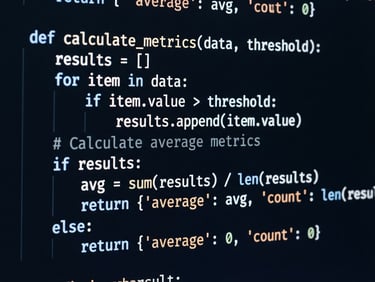 Macro photograph of clean, structured code on a dark monitor, high-key studio lighting, crisp white and navy blue tones, sharp focus, 35mm
