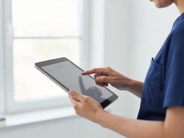 Bright modern clinical workspace, close-up of a medical professional in slate scrubs interacting with a tablet interface, soft natural window light, 35mm