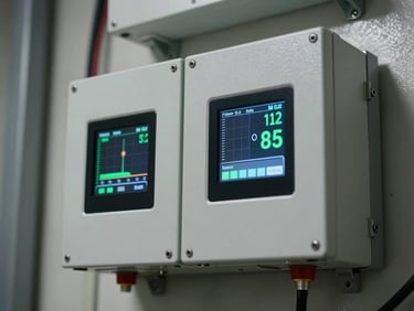 Close-up macro shot of a premium solar inverter mounted on an industrial wall, showing digital telemetry screens with active power generation numbers, sharp industrial lighting.