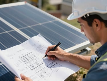 Close-up of a Colombian electrical engineer in a white hardhat reviewing technical blueprints on a solar mounting structure, bright direct sunlight, sharp focus.