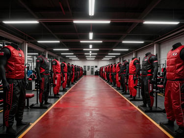 Wide cinematic shot of a modern, clean manufacturing facility interior with an athlete's gear prominently displayed, high-contrast lighting, deep red and black tones, sharp focus, 35mm lens