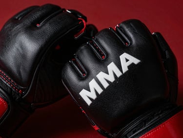 Close-up of black MMA grappling gloves with red stitching details, high-contrast lighting, sharp focus on texture.