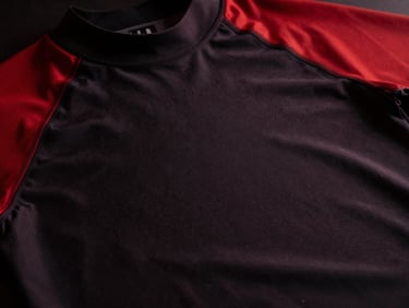 Dynamic shot of a high-performance rash guard fabric with subtle texture, dramatic high-contrast chiaroscuro lighting, subtle red rim light.