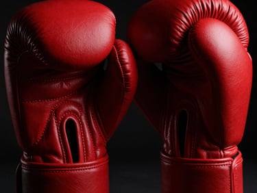 Extreme close-up of a premium boxing glove showing double-stitching and leather grain, dramatic high-contrast chiaroscuro lighting, subtle red rim light.