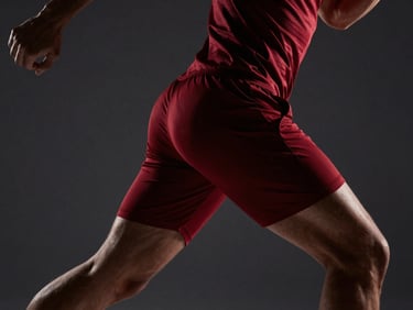 Dynamic shot of fitness apparel (shorts and top) on an athlete during a high-intensity movement, showing fabric stretch and fit, dramatic lighting.