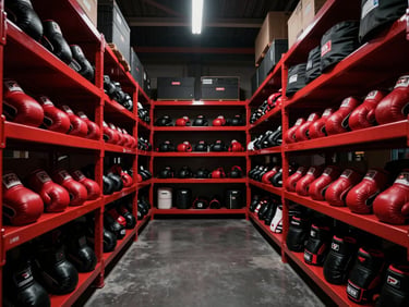 Wide cinematic shot of a modern, clean logistics warehouse interior with boxing gloves and MMA gear on shelves, high-contrast lighting, deep red and black tones, sharp focus, 35mm lens
