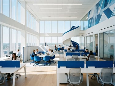 Bright high-key corporate photography of a sunlit architectural workspace, clean white lines, electric blue accents, wide environmental shot, 35mm