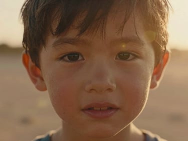 Close-up of a child's face lit by warm golden hour sun, natural lens flare, candid, cinematic, soft terracotta and sand tones.