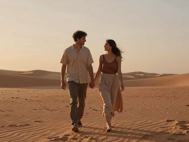 A couple walking hand-in-hand in a natural landscape at golden hour, candid, cinematic, warm sun-drenched light, soft terracotta and sand tones.