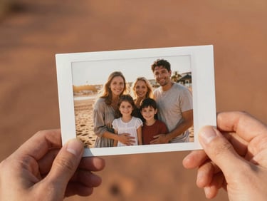 Hands holding a physical photo print of a candid family moment, warm sun-drenched light, soft terracotta and sand tones.