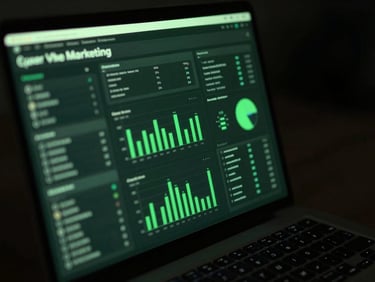 Close-up of a laptop screen displaying a digital marketing dashboard with charts and graphs, moss green backlighting, dark charcoal tones, sharp focus, 35mm.