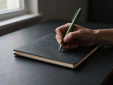 Hands writing in a sleek, dark notebook with a moss green pen on a minimalist desk, soft directional window light, dark charcoal tones, sharp focus, 35mm.