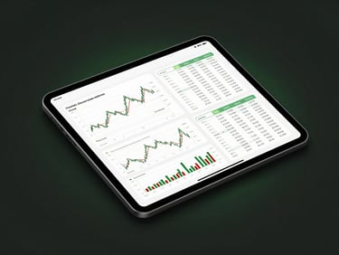 Digital mockup of a financial e-book on a modern tablet, displaying stock charts, low-key studio lighting with subtle moss green backlighting, dark charcoal tones, sharp focus, 35mm.