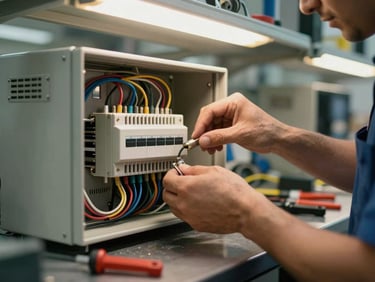 Close-up of a technician's hands working on electrical panel wiring in a Madrid industrial facility, tools on a metal workbench, warm workshop lighting from overhead fluorescents