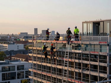 Wide shot of a construction scaffolding crew at work on a glass-facade building in Amsterdam at dusk, safety harnesses visible, city skyline softly out of focus in background