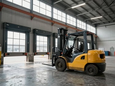 Wide angle of a modern warehouse loading dock in Toronto at midday, forklift in motion blurred in background, concrete floor and steel shelving, natural industrial light through high windows