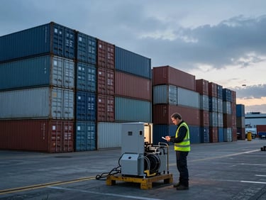 Wide environmental photo of an Amsterdam port facility at early morning, shipping containers stacked in the background, a technician in a safety vest examining equipment on a dock, cool blue-grey light from an overcast sky