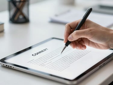 Macro shot of hands signing a digital contract on a tablet in a bright, modern corporate workspace, with clean natural light