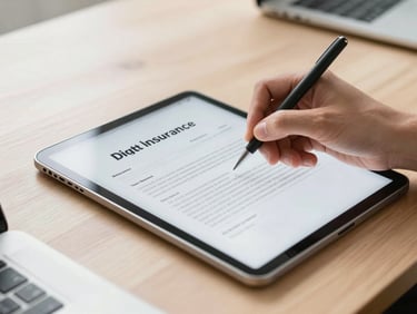 Close-up of hands signing a digital insurance contract on a tablet screen, bright natural daylight illuminating a clean wooden desk, minimalist corporate setting