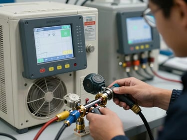Técnico de refrigeração uniformizado utilizando manifold digital para medir pressão de gás refrigerante inverter, foco nas conexões limpas e organizadas.