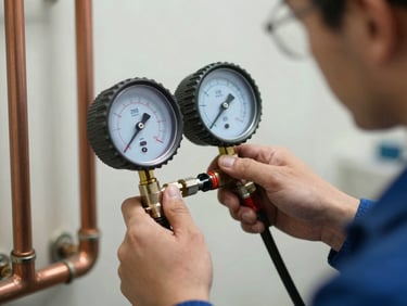 Close-up of a professional technician in a clean uniform using a digital manifold gauge to measure pressure on copper pipes, clean background