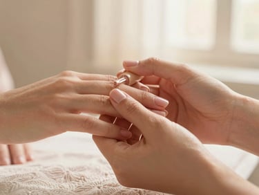 Close-up of hands receiving a manicure, delicate nail polish application, soft diffused light, bouclé texture in background, warm editorial photography.