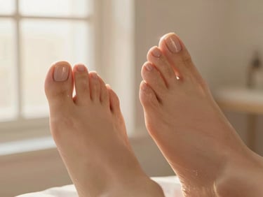 Imagem de antes e depois de uma manicure e pedicure, mostrando unhas bem cuidadas e esmaltadas em tom nude, com detalhes de hidratação e pele macia, com iluminação difusa.