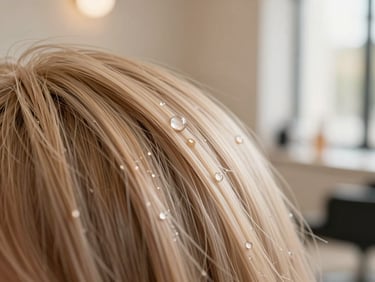 Macro shot of water droplets on a healthy hair strand, soft-focus background of salon interior, diffused light, warm editorial photography.