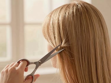 Close-up of healthy, shiny hair being gently styled with scissors in soft, diffused light, shallow depth of field, warm editorial photography.