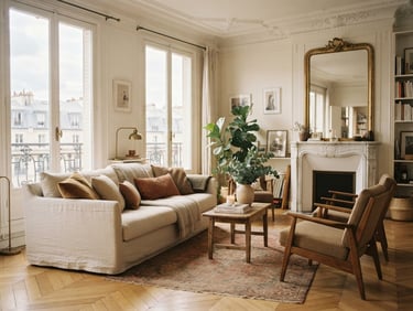 Soft natural Parisian daylight streaming through tall Haussmannian windows, showcasing a beautifully curated living room with high ceilings and elegant crown molding, 35mm film look.