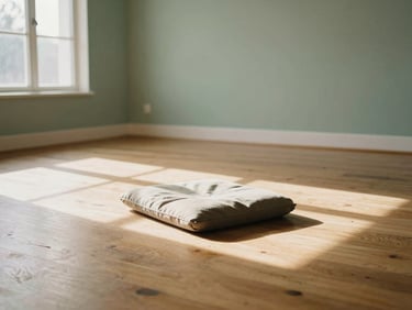 Serene empty wellness studio with warm wood floors, soft morning window light casting long shadows, earthy sage green walls, a single meditation cushion in the center, shallow depth of field, 35mm film texture.