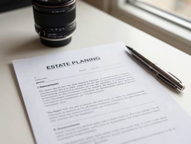 Close-up overhead view of an estate planning document on a cream desk, a pen resting beside handwritten margin notes, soft north-facing window light