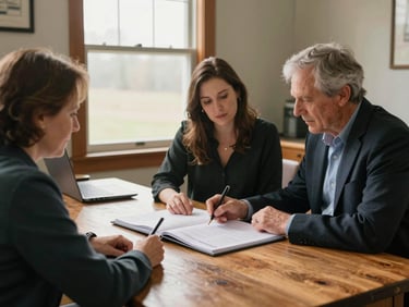 Medium shot of two people reviewing a farm succession binder across a wooden table in a quiet Wisconsin office, morning light through a window