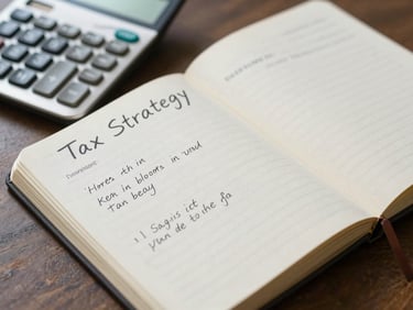 Overhead close-up of a tax strategy notebook open to a handwritten table, a calculator beside it, soft diffused daylight from the left