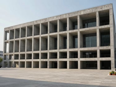 Completed public building facade in natural daylight, clean structural concrete, wide plaza forecourt, people-scale proportion evident, no posed figures