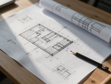 Wide architectural drafting table viewed from above, structural blueprints and engineering drawings spread flat under diffuse north-facing daylight, a precise mechanical pencil resting at the lower-right corner, paper texture visible