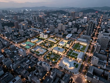 Overhead wide-angle view of an urban master plan at dusk, street grid and public plazas visible, city context extending to the horizon, cool natural light
