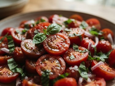 Macro shot of a vibrant red tomato salad with olive oil droplets glistening under soft, natural window light.
