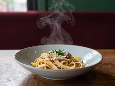 A moody, close-up shot of a rustic restaurant table, steam rising from a bowl of handmade pasta, natural Scandinavian daylight, 35mm