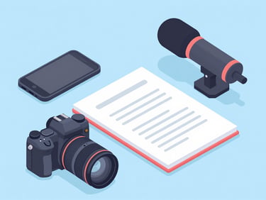Flat-lay arrangement of modern creator gear including a camera, microphone, and storyboard notebook on a clean light blue desk, bright even studio lighting, soft shadows.