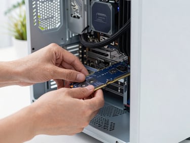 Close-up of hands installing RAM into a desktop computer, clean professional workspace, bright natural daylight, crisp navy and white tones, sharp focus.