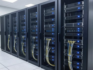 Wide shot of a modern, clean server rack with organized cables and soft blue status lights, professional data center setting, bright natural daylight, crisp navy and white tones, sharp focus.