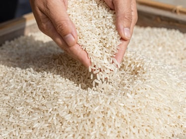 Detailed close-up of polished long-grain white rice trickling through hands in a bright warehouse loading dock, natural harsh shadows.