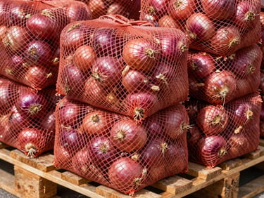 Fresh red onions packed in mesh export crates stacked on a wooden pallet under direct outdoor sunlight, rich terracotta tones.