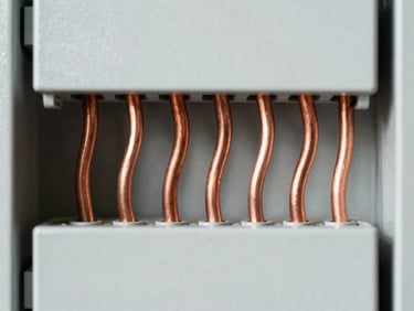 Perfect geometric layout of copper wiring inside a clean, modern breaker panel, wires perfectly bent at 90-degree angles, high contrast, 35mm