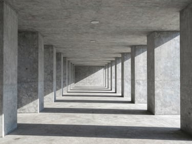 Symmetrical wide shot of a minimalist concrete corridor with linear recessed lighting casting crisp shadows, cool daylight, 35mm